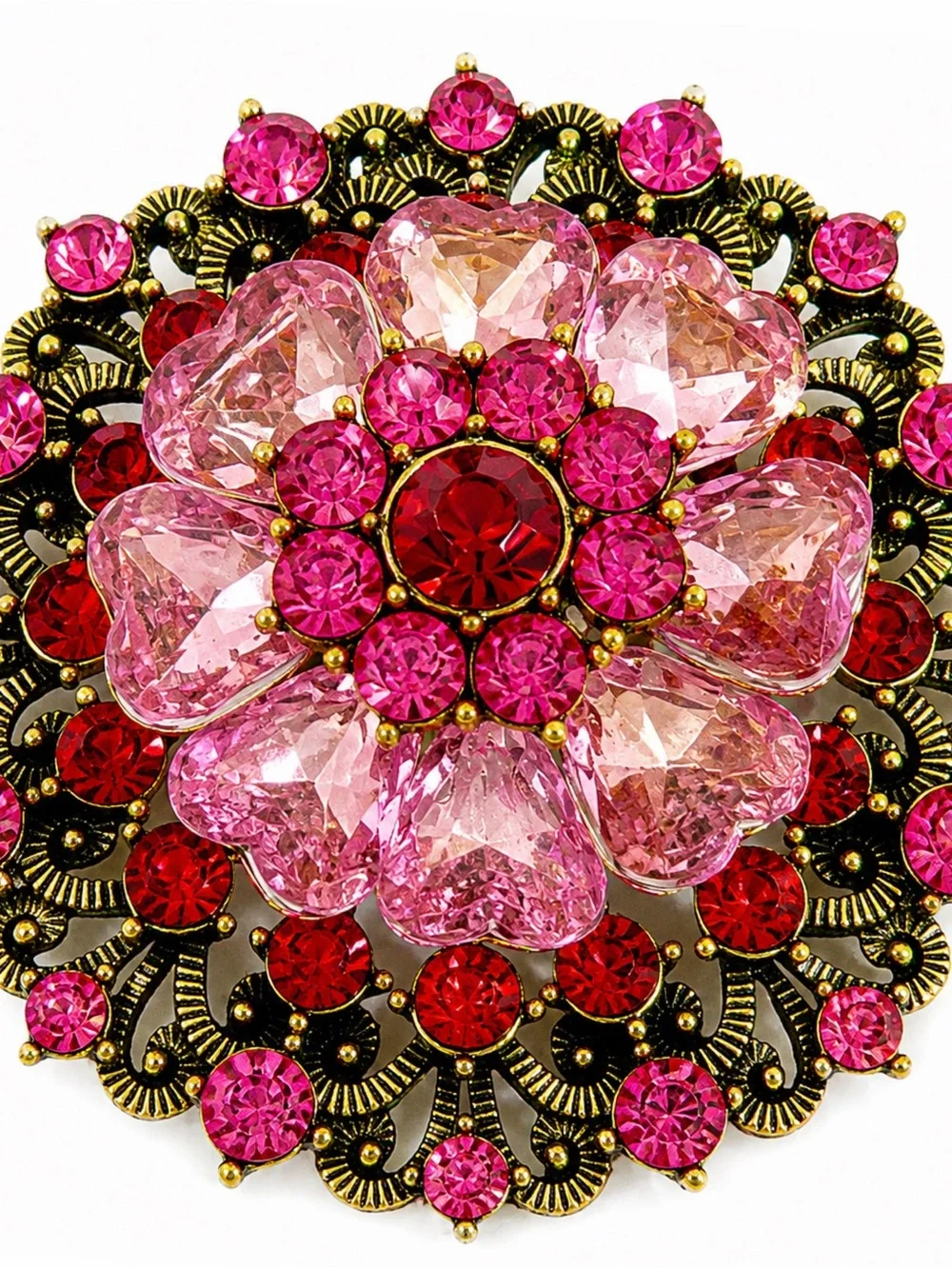 Vintage Style Pink Red Rhinestone Flower Brooch Gold Tone Filigree Statement Pin